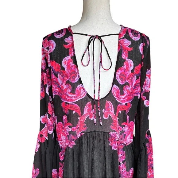 Free People Sheer Baroque Print Bell Sleeve Tunic Mini Dress Boho Open Back XS - Picture 4 of 11